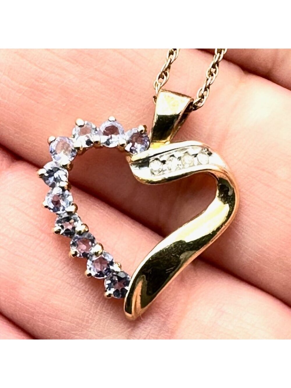 Womens Necklace 10K Yellow Gold Tanzanite Diamond Heart Pendant